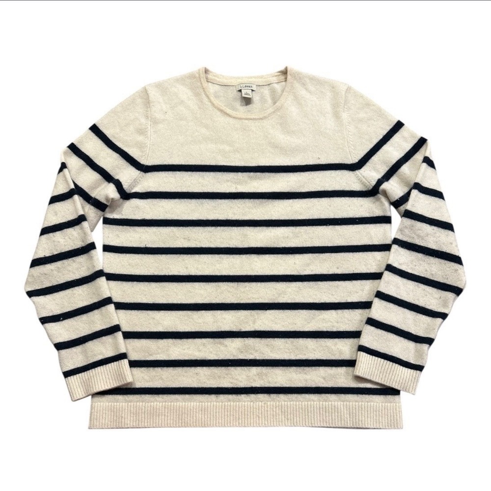 LL Bean Womens 100% Cashmere Coastal Sweater Resort Heritage Striped Nautical L